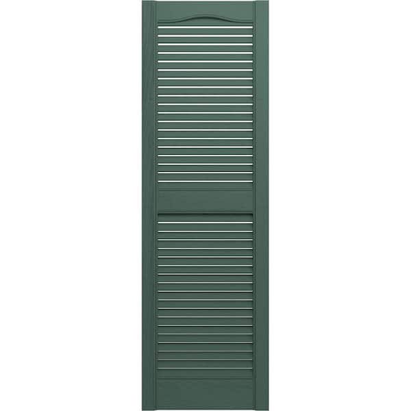 Ekena Millwork 14-1/2 in. x 60 in. Lifetime Vinyl Standard Cathedral Top Center Mullion Open Louvered Shutters Pair Forest Green