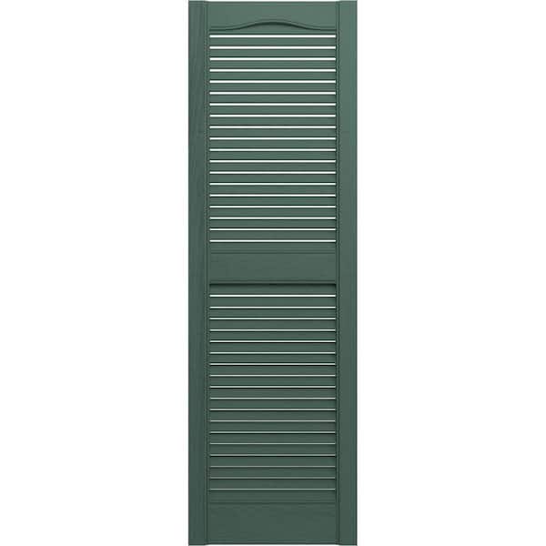 Ekena Millwork 14-1/2 in. x 67 in. Lifetime Vinyl Standard Cathedral Top Center Mullion Open Louvered Shutters Pair Forest Green
