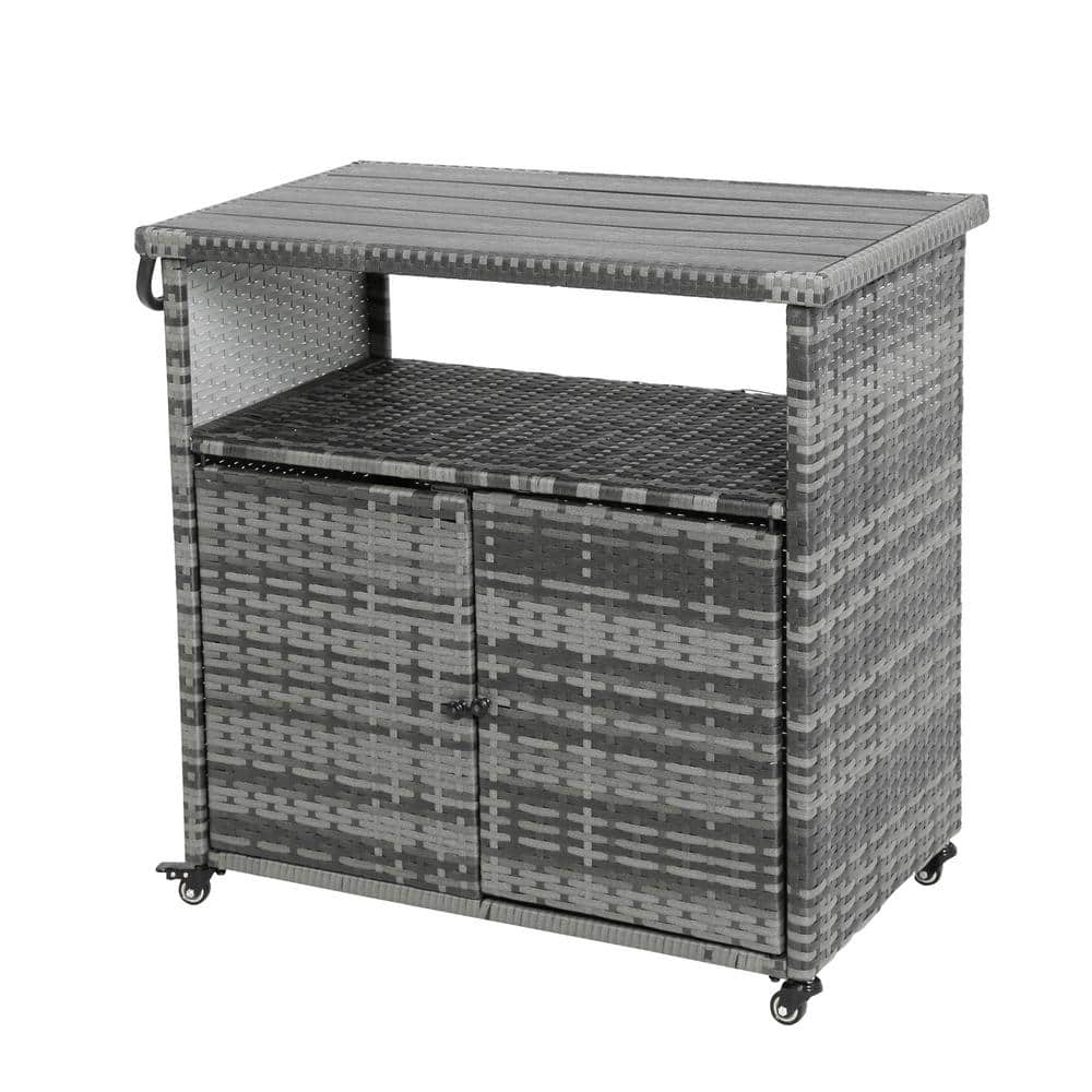 Aqua Grey Wicker Outdoor Bar Cart, Patio Rolling Wine Serving Cart with Whe