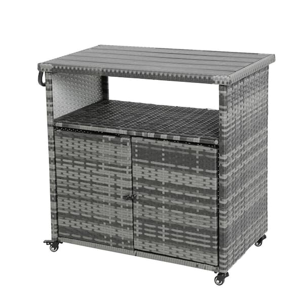 Unbranded Aqua Grey Wicker Outdoor Bar Cart, Patio Rolling Wine Serving Cart with Wheels for Porch Backyard Garden Poolside Party