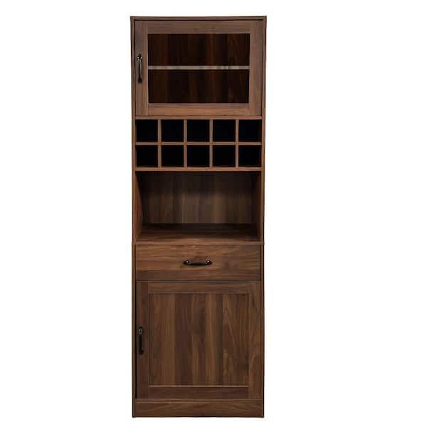 71 " H Walnut Kitchen Pantry Cabinet with Shelves Storage Cabinet with Glass Door Drawer Wine Bar Cabinet Buffet Cabinet