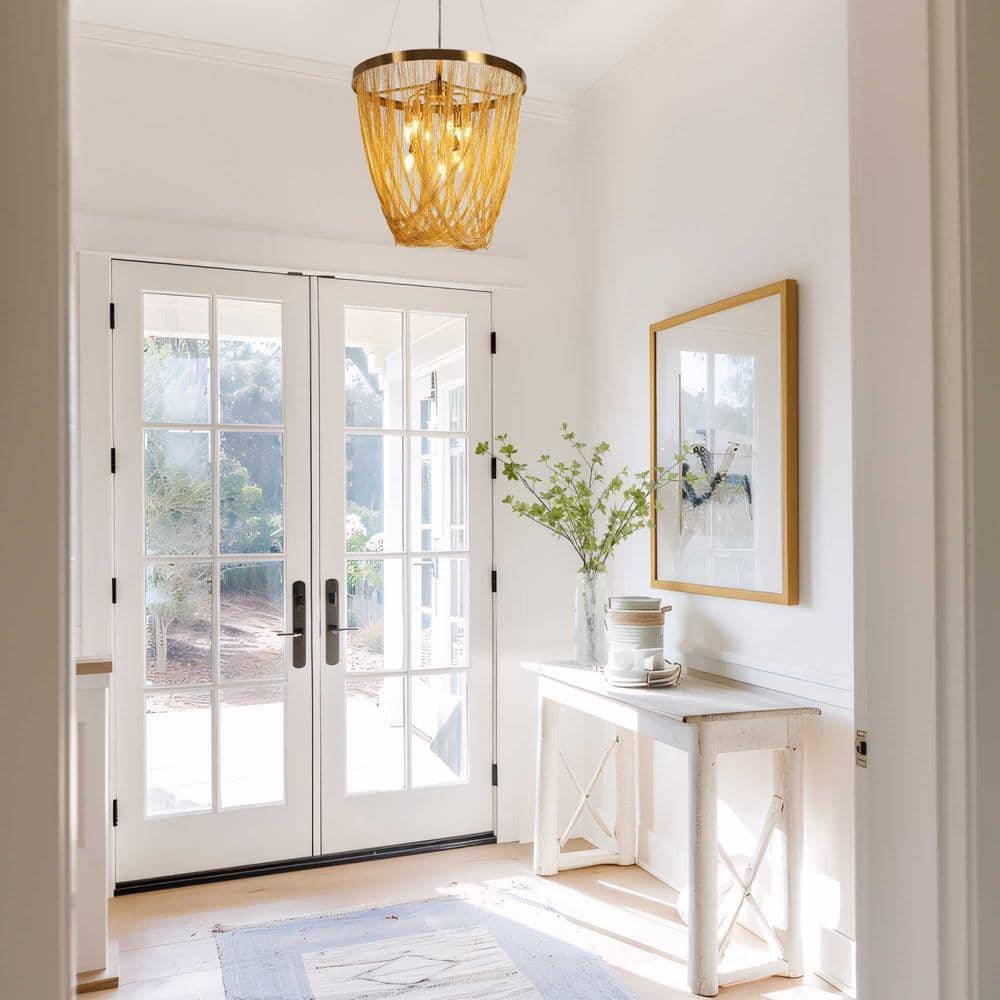 Glamorous Brass and Crystal 9-Light Chandelier with Gold Fringe