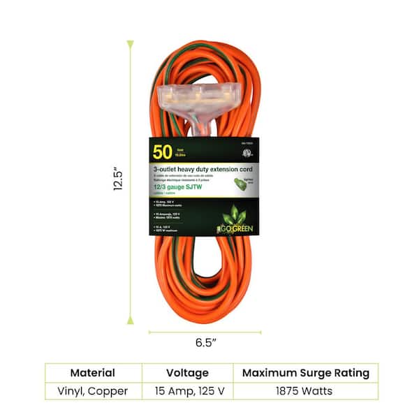 Go Green Power 50 ft. 3-Outlet 12/3 Heavy Duty Extension Cord - Orange