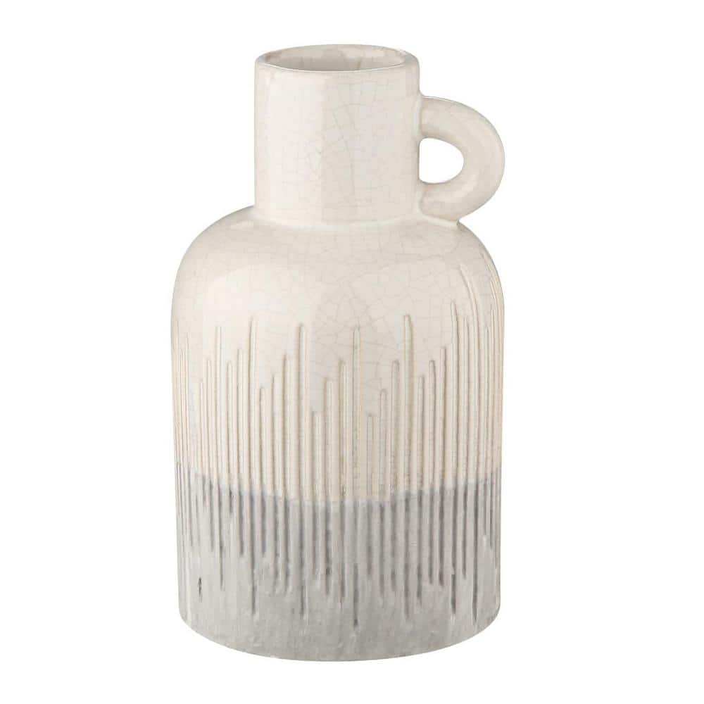 9.2 in. White Round Ceramic Vase 2-Tone Boho Flower Vase with Handle Potter
