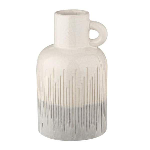 Unbranded 9.2 in. White Round Ceramic Vase 2-Tone Boho Flower Vase with Handle Pottery Bud Jug Vase for Flower Arrangement