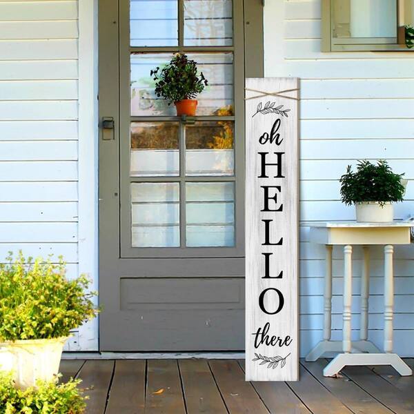 47 in. H White Oh Hello Wooden Welcome Porch Wall Sign HPF2HT6SJM