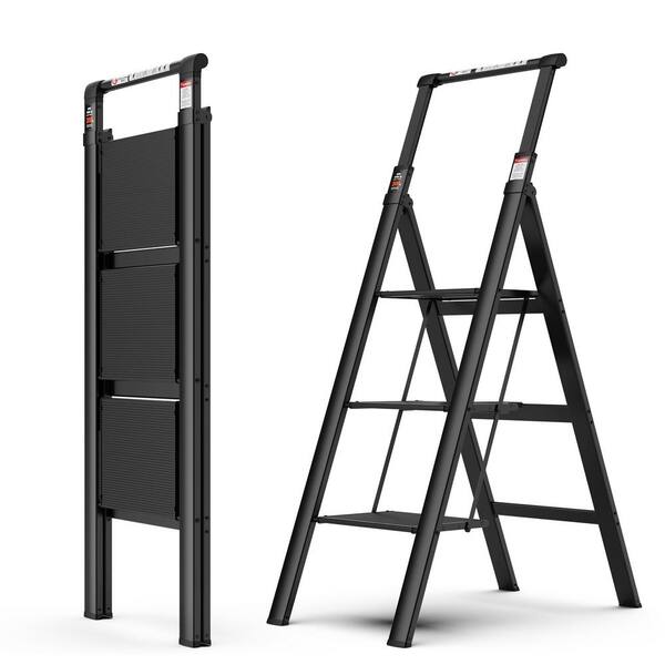 maocao hoom 4.5' Reach 3 Step Aluminum Retractable Handgrip Folding Step Stool with Anti-Slip Wide Pedal; 300 lbs. Household Ladder