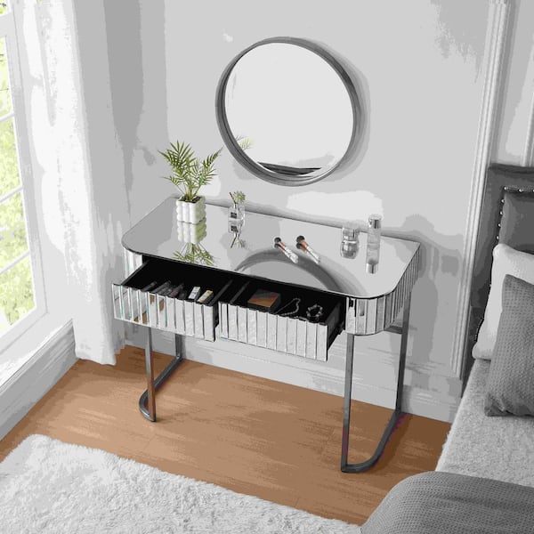Polibi 2 Drawers Silver Makeup Vanity Table Wooden Dressing Desk with Mirror Stainless Steel Base RS 62699726N The Home Depot