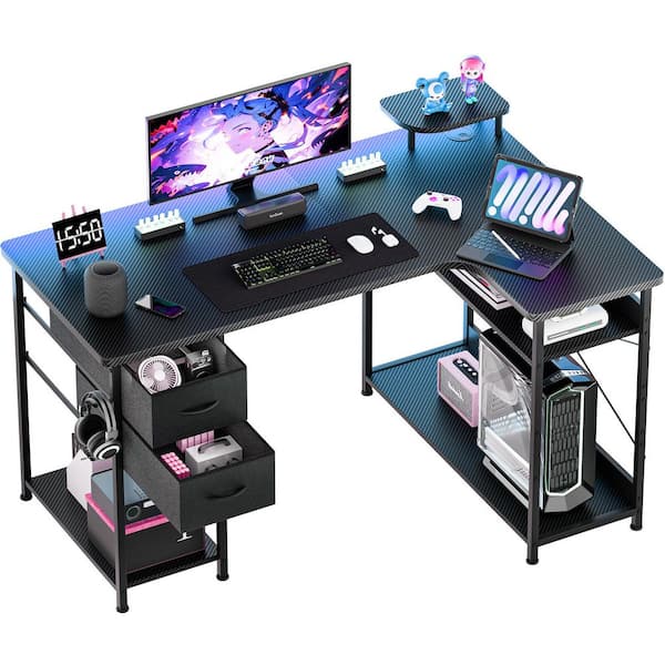 ComHoma 51 in. W Black Gaming Desk with Drawers Carbon Fiber Style L-Shaped Computer Desk