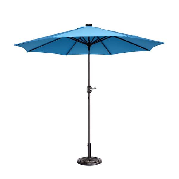 Pure Garden 9 ft. Steel Solar LED Lighted Patio Market Umbrella with Auto Tilt, Easy Crank Lift in Blue