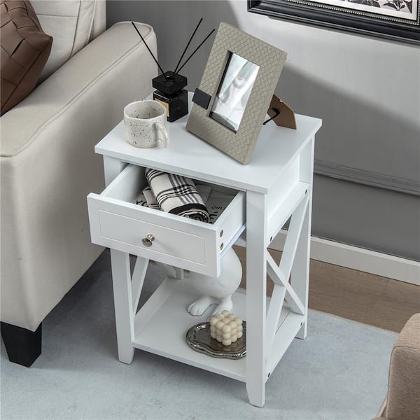 Costway 24 in x 16 in x 12 in (H x W x D) Nightstand Sofa Side End Table with Drawer and Shelf Bedroom Furniture White
