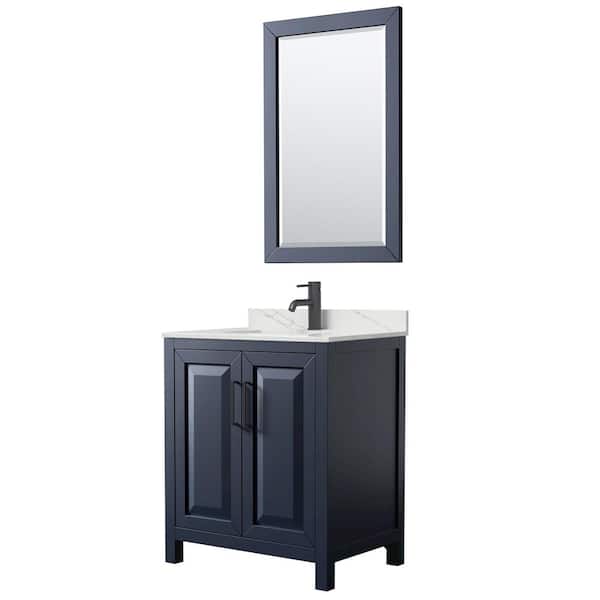 Wyndham Collection Daria 30 in. W x 22 in. D x 35.75 in. H Single Bath Vanity in Dark Blue with Giotto Quartz Top and 24 in. Mirror