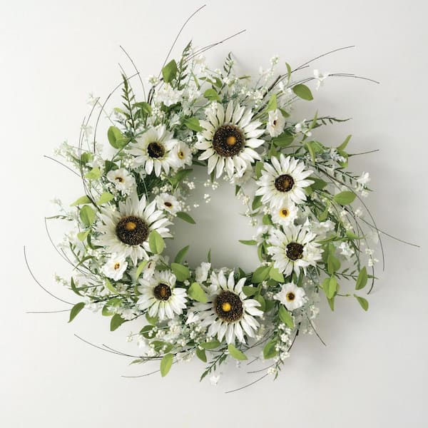 SULLIVANS 26 in. Artificial Sunflower and Wispy Berry Wreath, White