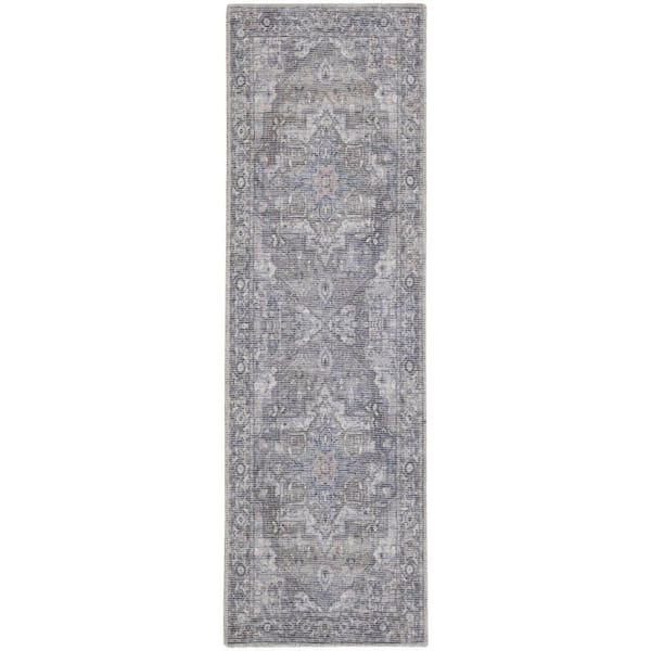 57 Grand Machine Washable Grey 2 ft. x 6 ft. Floral Traditional Kitchen Runner Rug Area Rug