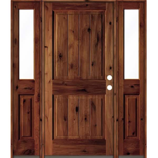Krosswood Doors 70 in. x 80 in. Knotty Alder Square Top Left-Hand/Inswing Clear Glass Red Chestnut Stain Wood Prehung Front Door w/DHSL