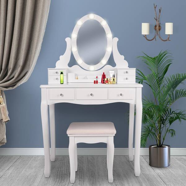 Veikous White Wooden Bedroom Vanity, Veikous Black Tri Folding Mirror Vanity Set With Light