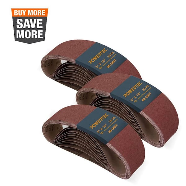 ‎POWERTEC 3 in. x 18 in. 40/60/80-Grit Aluminum Oxide Sanding Belts for Portable Belt Sander (60-Pack)
