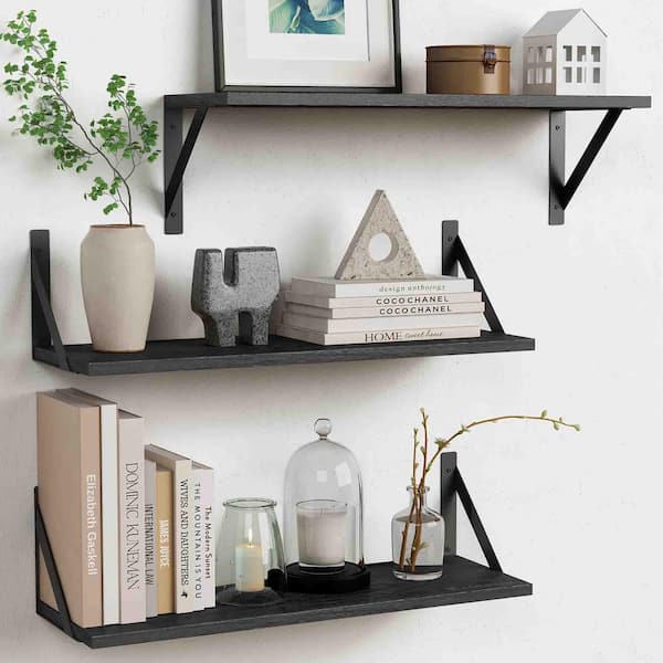 Black - Set of 3 Floating top Display Shelves Ledge Bookshelf Wall Mount Storage