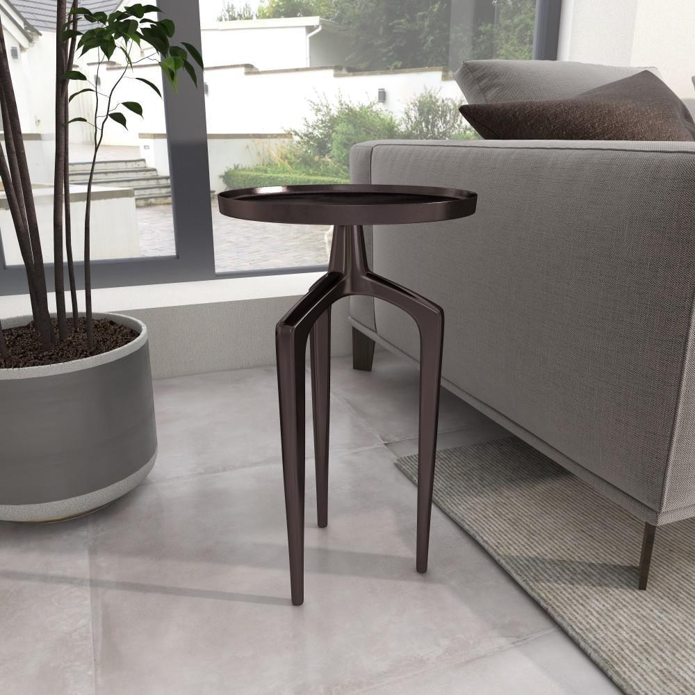 Black Aluminum Round Tray Top Accent Table with Tripod Legs