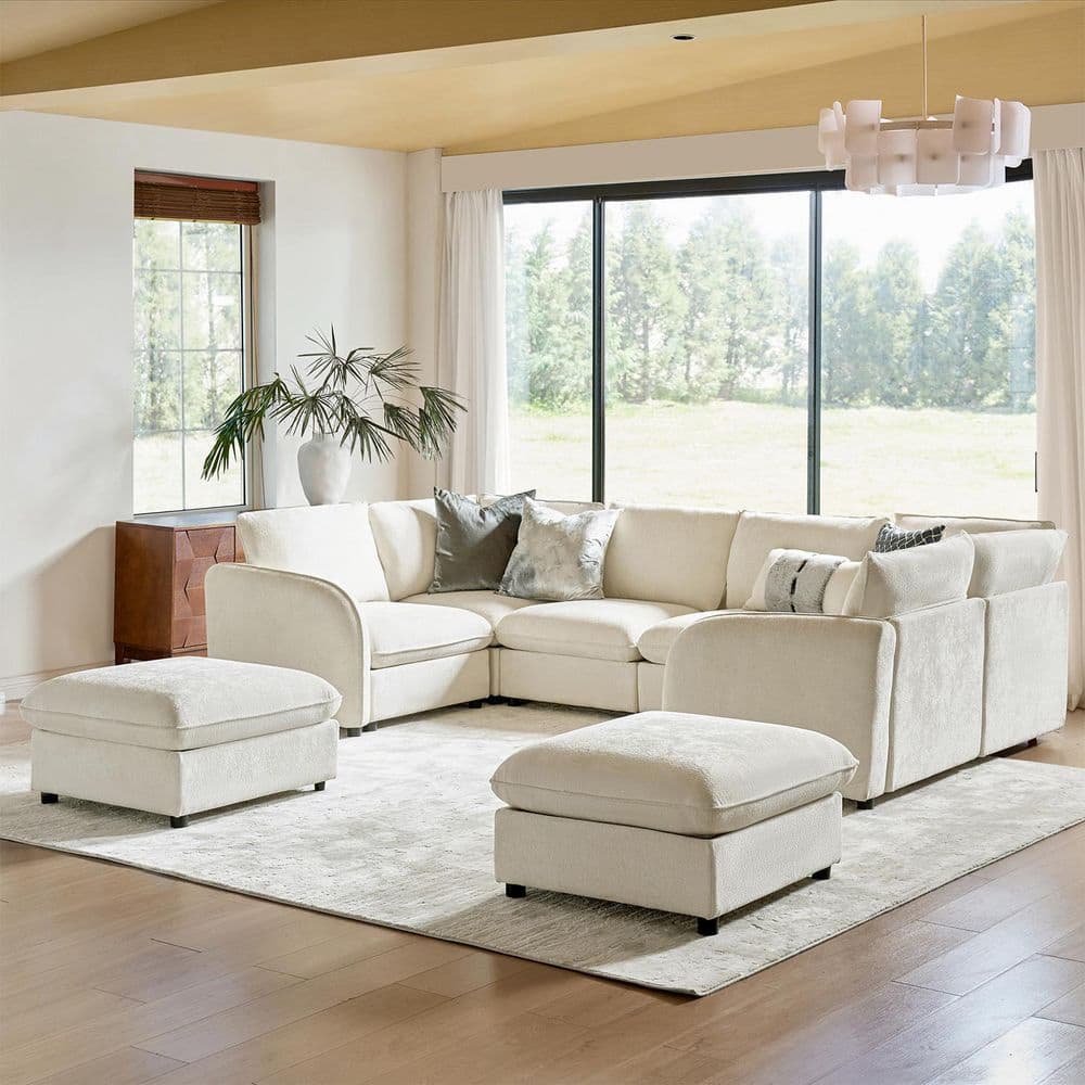 Felix 128.5 in. 5-piece Polyester Sectional Sofa in Ivory