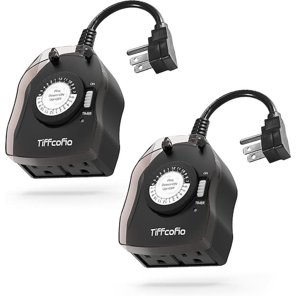 Mechanical Outdoor Timer Outlet Chronologic Timer with 2 Grounded Outlets in Black (2 Pack)