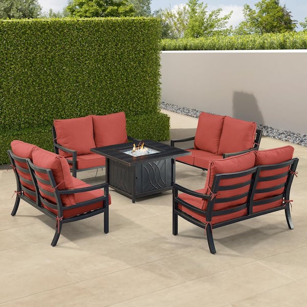 Oakland Living Black 6-Piece Aluminum Patio Fire Pit with 4-Deep Seating Loveseat Red Cushions