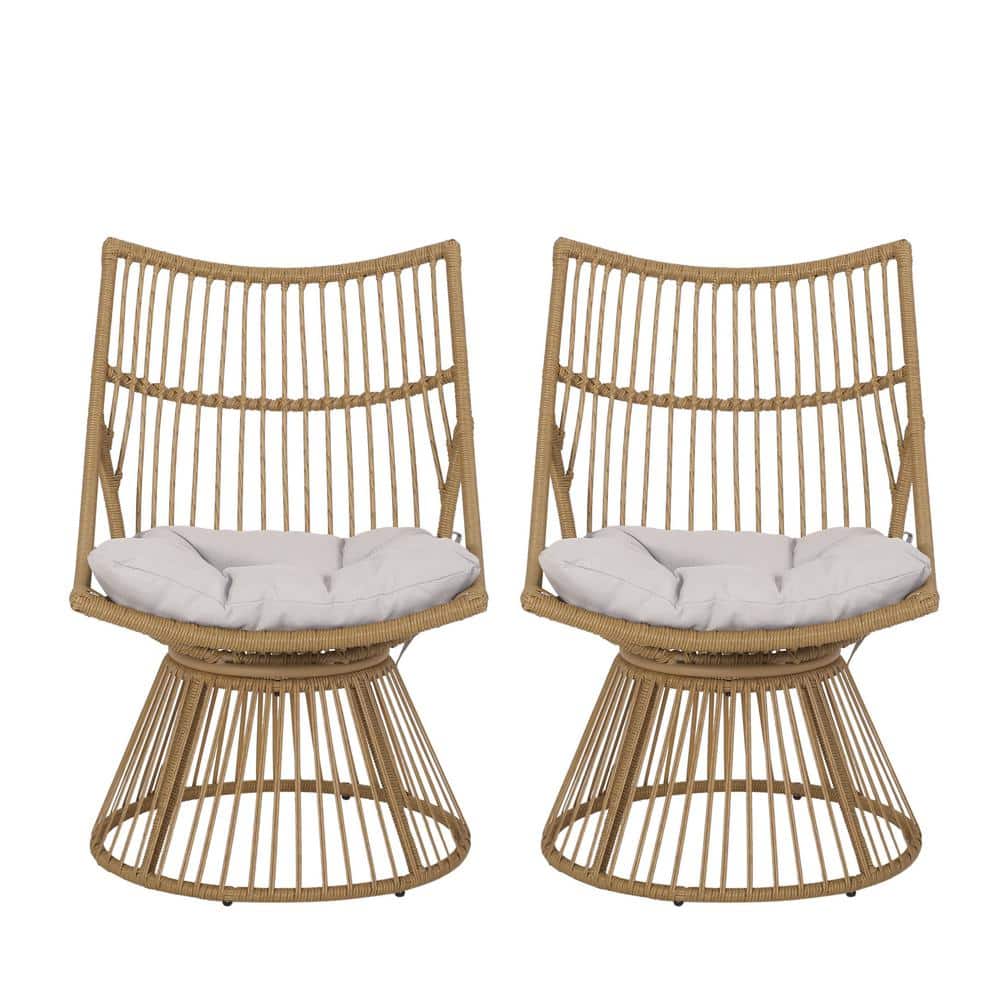 Set of 2 Beige Cushioned Light Brown Iron Wicker Lounge Chairs