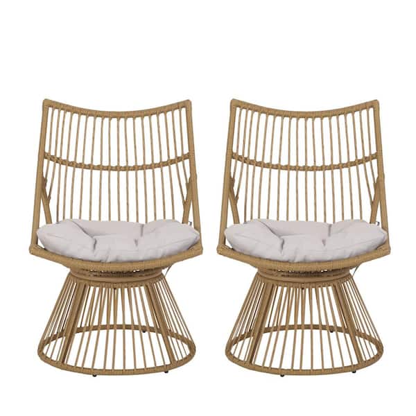 Noble House Jabe Light Brown High Back Wicker Outdoor Patio Lounge Chair with Beige Cushion (2-Pack)