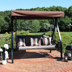 Deluxe Steel Frame Canopy Porch Swing with Brown Striped Cushion and Side Tables