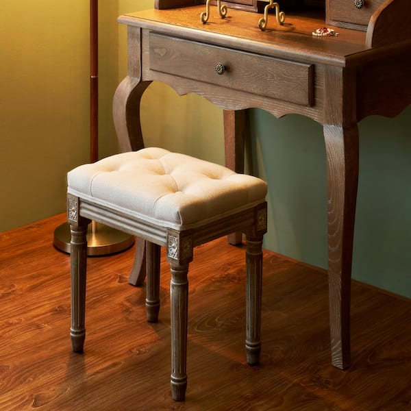 19 in. Beige Backless French Solid Wood Vintage Upholstered Vanity Short Stool with Vintage Carved Patterns