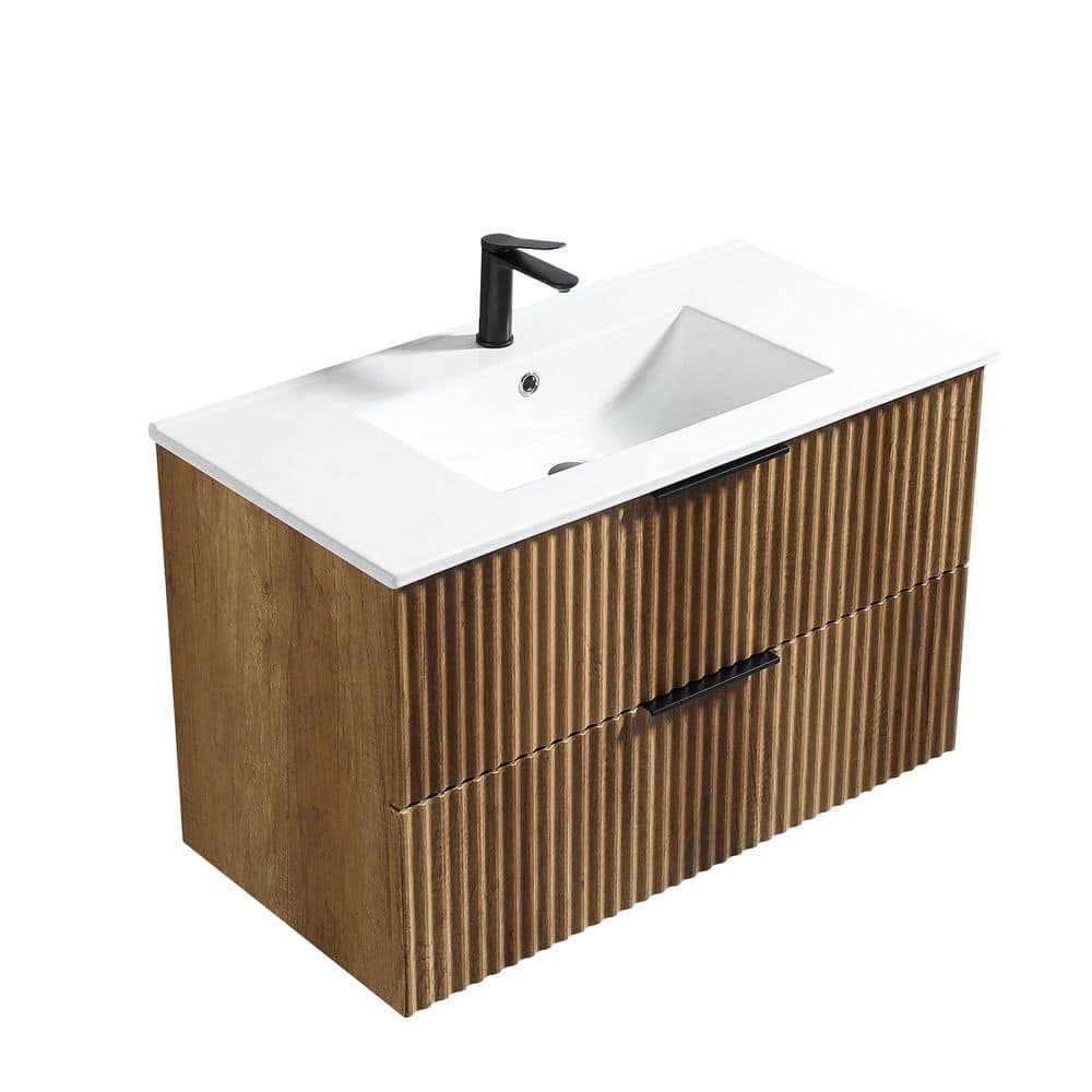 36 in. Floating Golden Oak Bath Vanity with White Ceramic Top Unassembled price history on PriceWatchPro