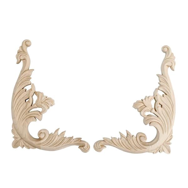American Pro Decor 12 in. x 9-1/8 in. x 5/8 in. Unfinished Hand Carved North American Solid Hard Maple Wood Onlay Acanthus Wood Scroll