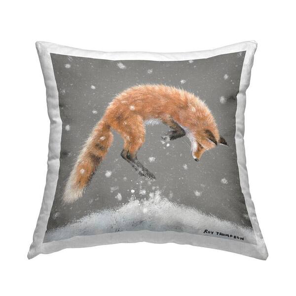 Jumping Fox Snowy Winter Scene Grey Print Polyester 18in. X 18in. Throw Pillow
