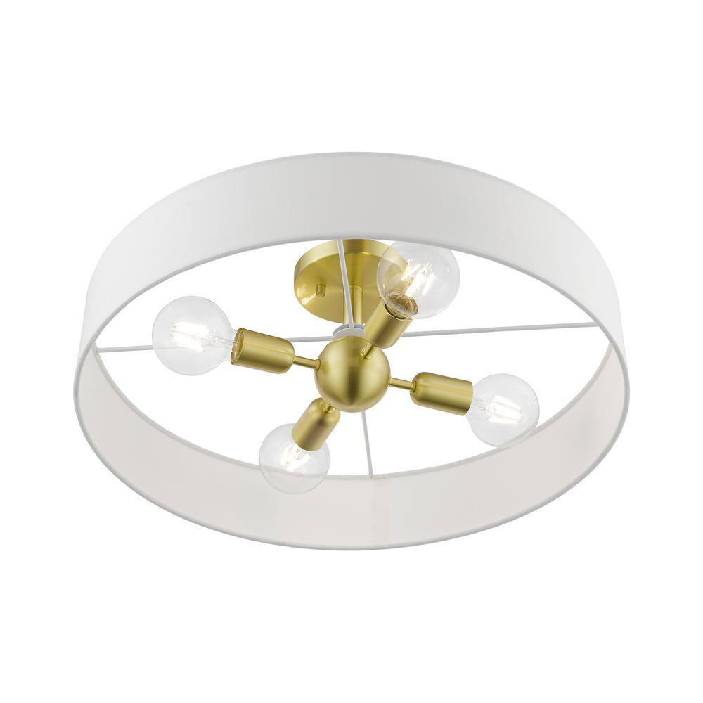 Satin Brass and White 4-Light Drum Semi-Flush Mount