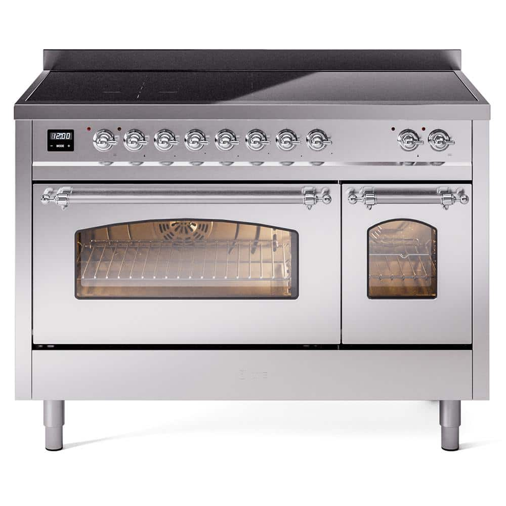 Nostalgie 48 in. 6 Zone Freestanding Double Oven Induction Range in Stainless Steel with Chrome Trim -  ILVE, UPI486NMPSSC