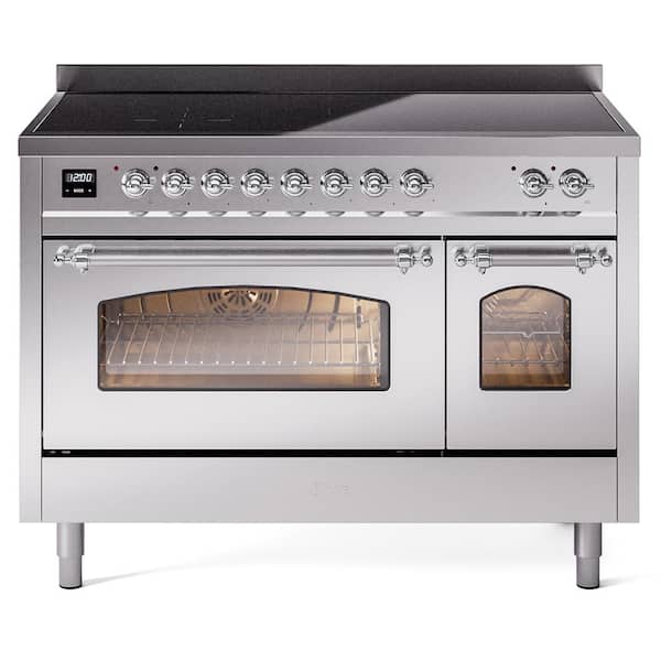 ILVE Nostalgie 48 in. 6 Zone Freestanding Double Oven Induction Range in Stainless Steel with Chrome Trim