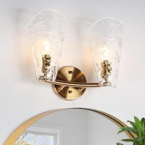 Modern 13.3 in. 2-Light Brass Bath Vanity Light with Unique Textured Glass Transitional Wall Light, LED Compatible