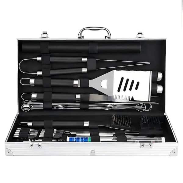 38-Piece Stainless Steel Grill Accessories Set with Aluminum Case, Thermometer, Grill Mats for Camping, Backyard, Black