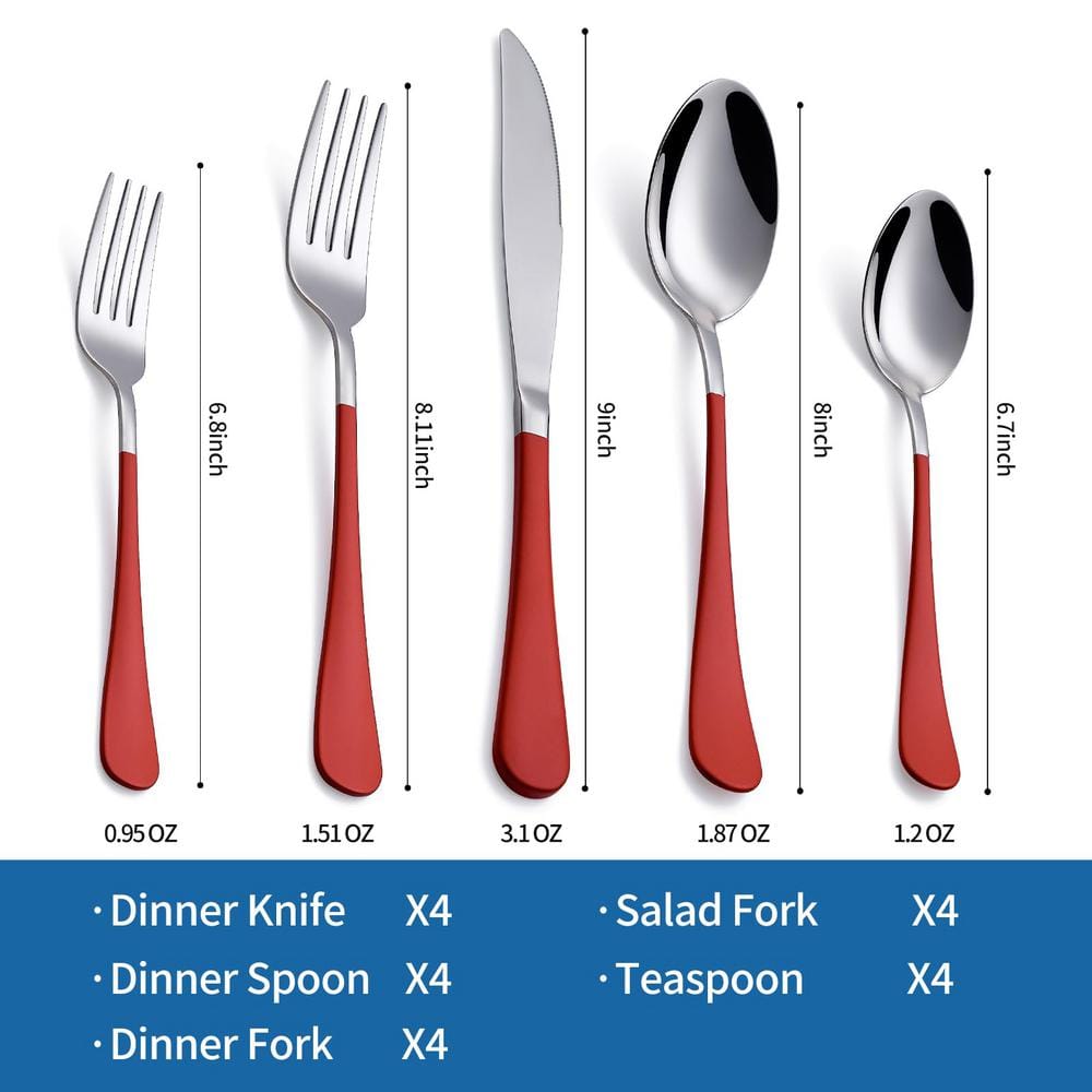 MDEALY 20-Piece Red Silverware Set for 4, 18/0 Stainless Steel Flatware Cutlery Utensils Set, Include Dinner Knives,Dinner Forks,Dinner Spoons,Salad Forks,Teaspoons,Dishwasher Safe