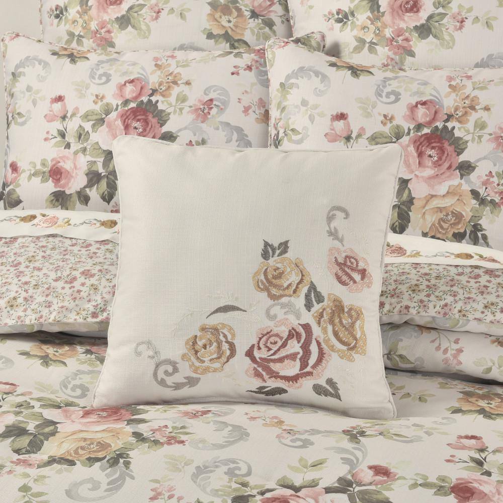 Ivory Floral Embroidered Square Decorative Throw Pillow