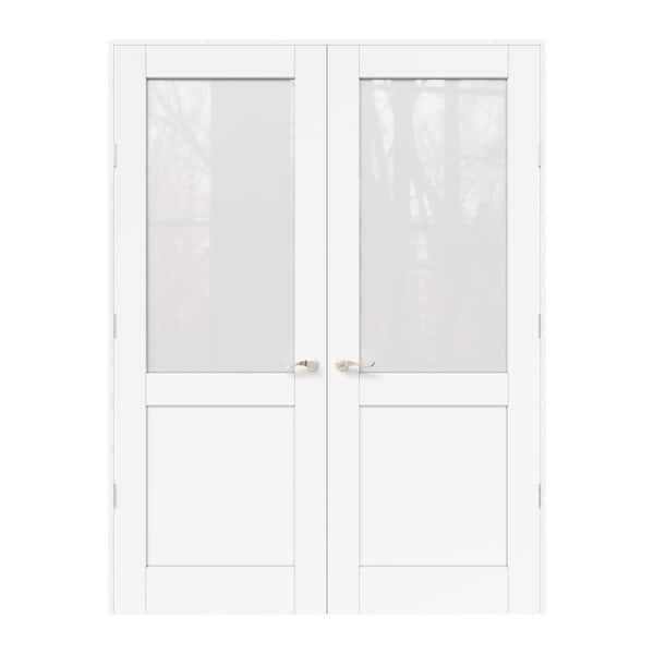 60 in. x 80 in. 1/2-Lite Frosted Glass White Solid Core Wood Double French Door with Quick Assemble Jamb