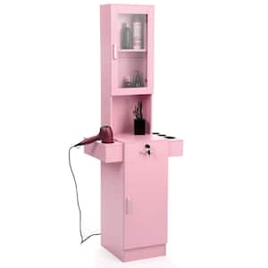 Pink 67 in. Stand Barber Station, Hair Styling Equipment with Glass Door