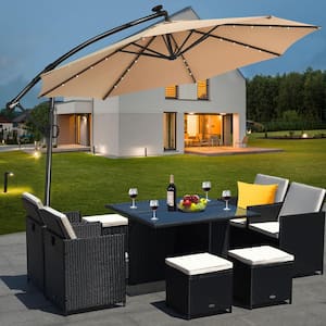 10 ft. Aluminum Cantilever Solar Tilt Patio Umbrella in Beige with LED Lights and Stand