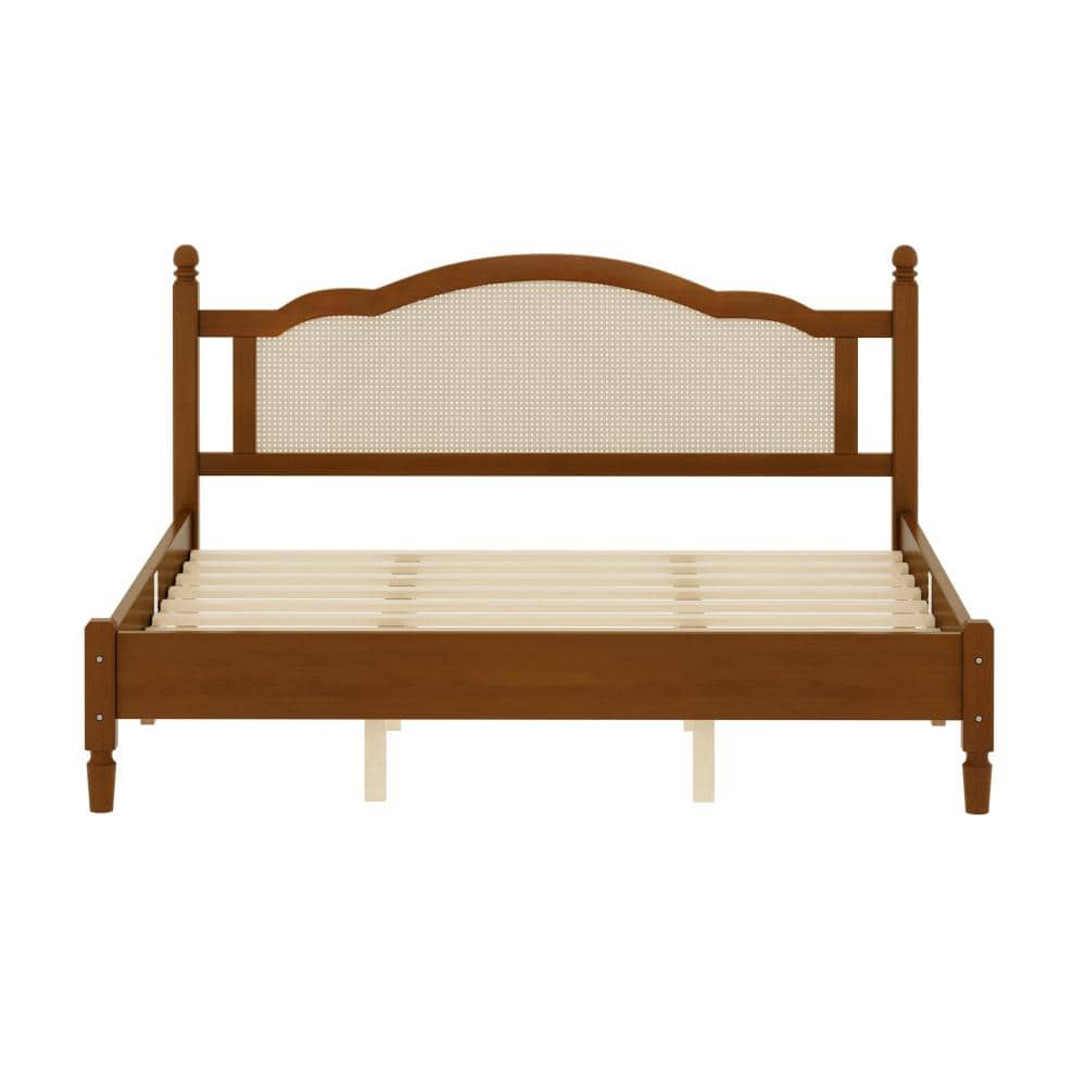 Walnut Wood King Platform Bed with Natural Rattan Headboard and Wooden Slat Support durable construction