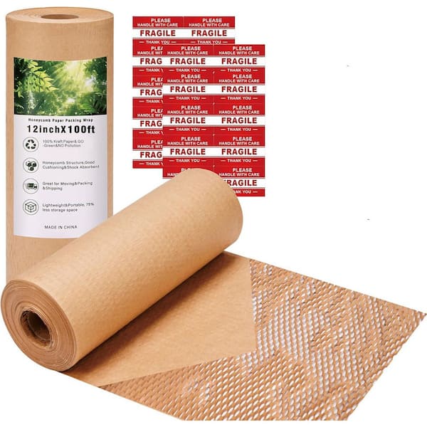 Unbranded Eco Friendly Honeycomb Packing Paper 1200L x 12W Biodegradable Kraft Cushioning Wrap with 20 Fragile Stickers