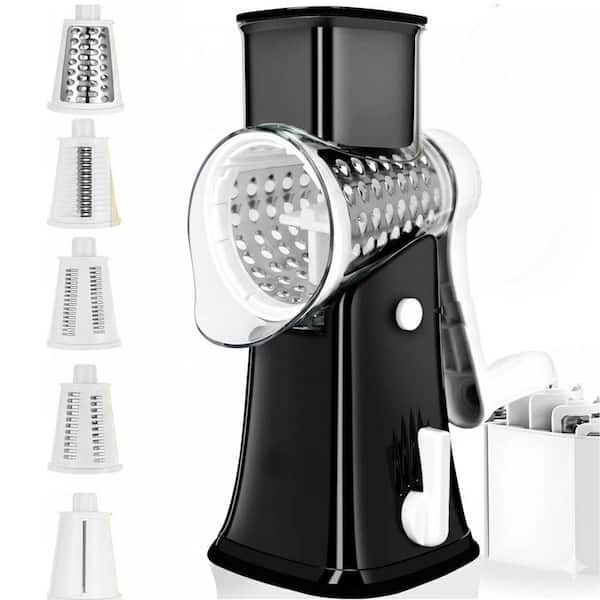 Black Rotary Cheese Grater with 5 Stainless Steel Blades Easy Clean Hand Crank Slicer Kitchen Gadget Storage Box