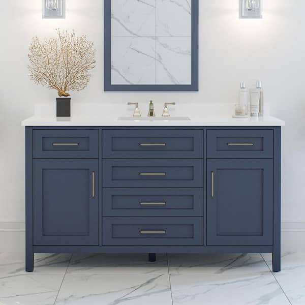OVE Decors Tahoe II 60 in. Single Sink Midnight Blue Bath Vanity with White Engineered Stone Top and Integrated Outlet (Assembled)