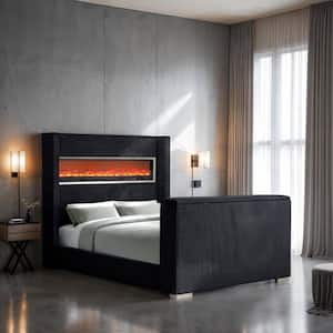 Stelly Black Metal Frame Upholstered King Panel Bed with Fireplace Simulator And Footboard TV Lift