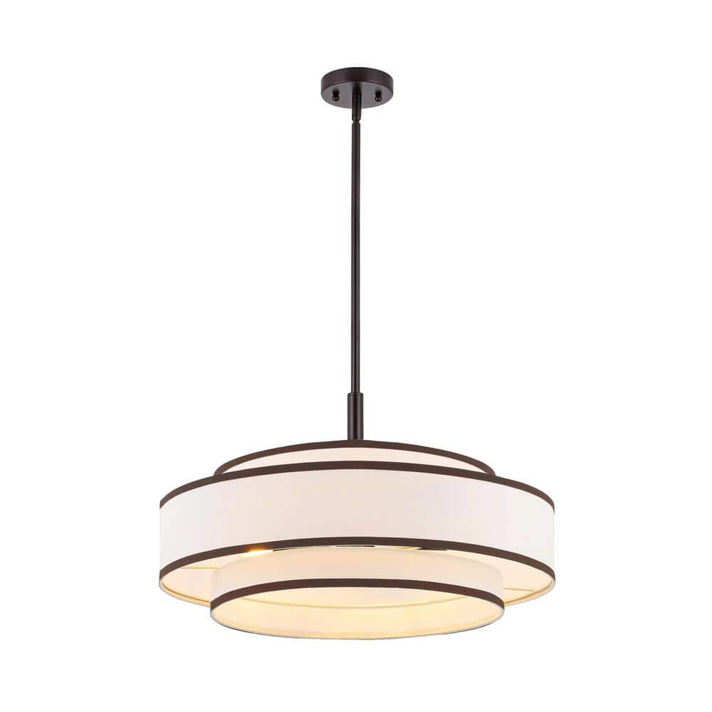 Bronze and White Fabric Double Drum 5-Light Chandelier