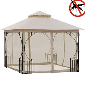 10 ft. x 10 ft. Patio Gazebo, Double Roof Outdoor Gazebo Canopy Shelter with Netting, Steel Corner Frame, Beige